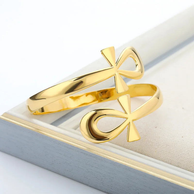 Ägyptischer Doppelkreis Ankh Kreuz Armband Armreifen für Damen Herren Vintage Edelstahl Lebensschlüssel Armband Femme Schmuck