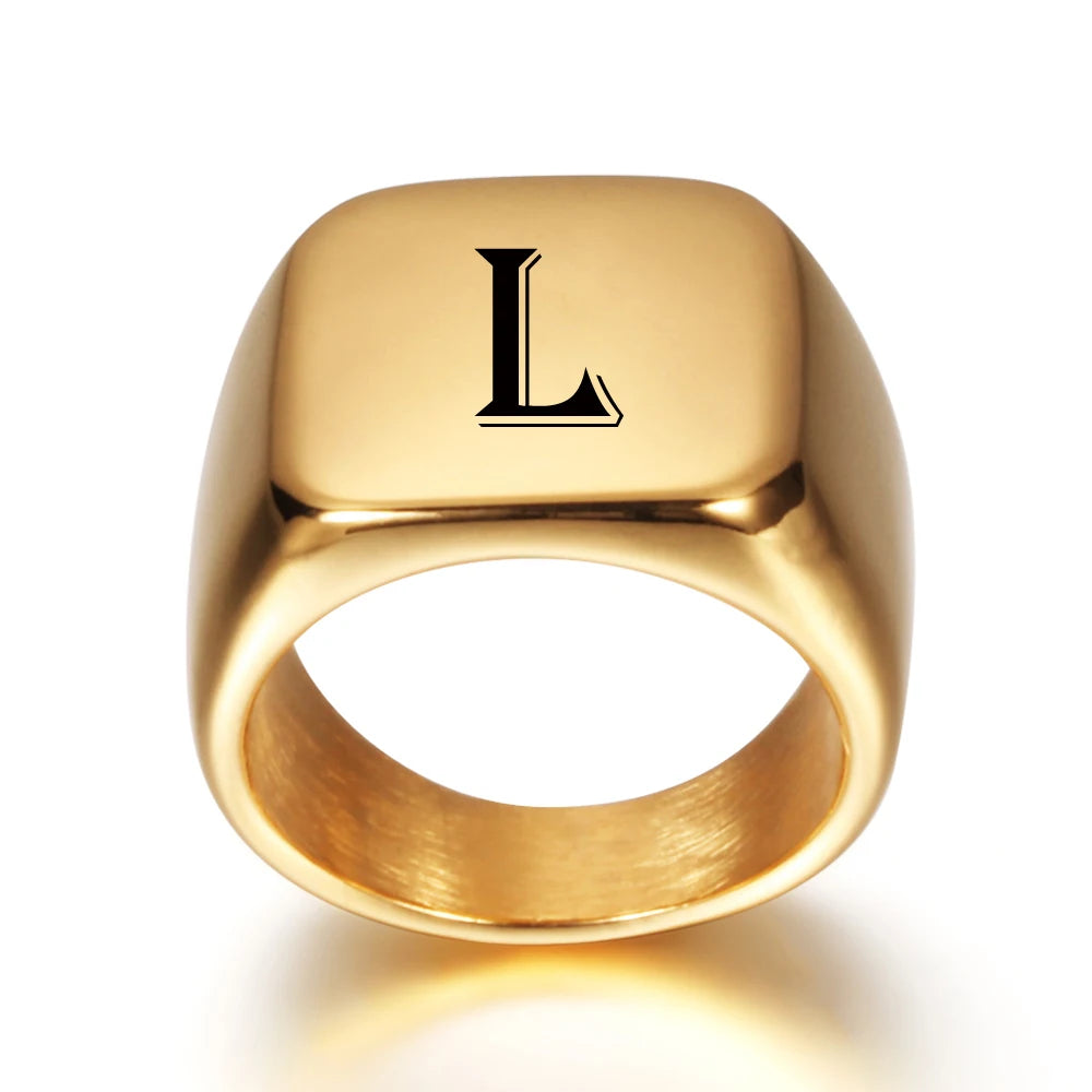 Personalisierter Anfangsbuchstabe Gravur A bis Z Alphabet Edelstahl Siegelring Blanko Glatt Hochglanzpoliert Goldfarben US-Größe