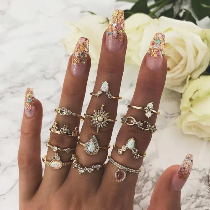 Fashion Geometrische Knöchelringe Set Für Frauen Kristall Goldfarben Fingerring Boho Damen Hochzeit Schmuck Geschenk