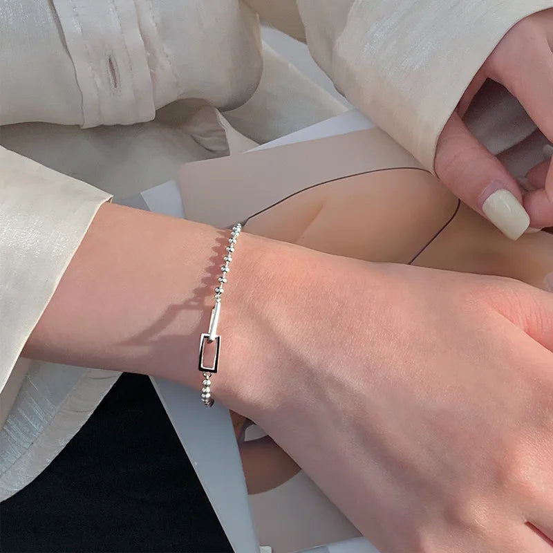 VENTFILLE 925 Sterling Silber Geometrisches Quadratisches Rundes Perlenarmband für Frauen Persönlichkeit Temperament Einfacher Handschmuck Party