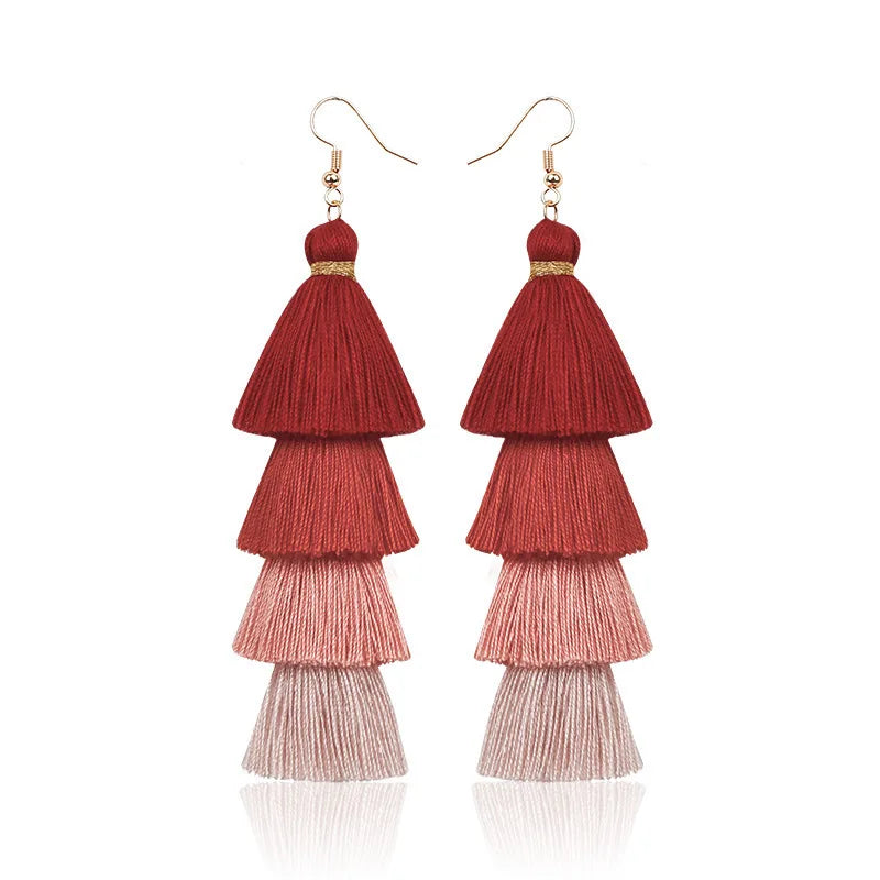 Pendientes de borlas de 4 capas estilo bohemio para mujer, aretes colgantes étnicos largos multicolor, joyería de moda para niñas