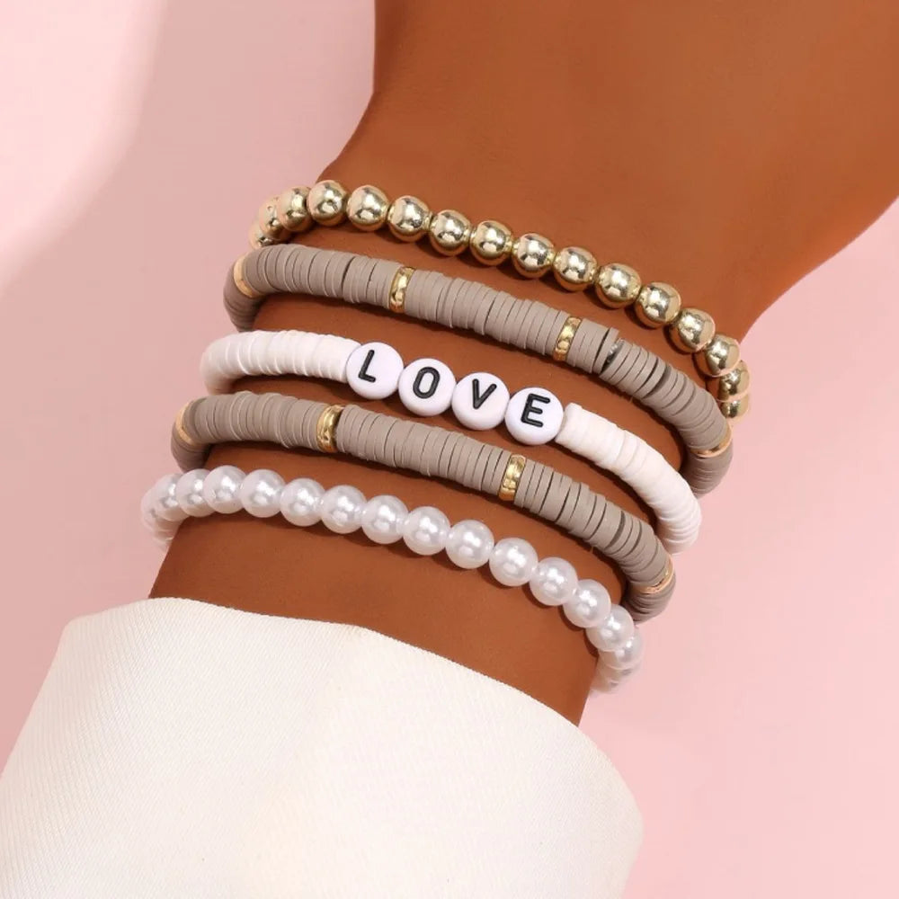 Juego de Pulseras Apilables Arcoíris de Moda para Mujer con Dijes de Corazón, Arcilla Blanda, Cuentas en Capas, Cadena, Brazalete, Joyería Bohemio Femenina