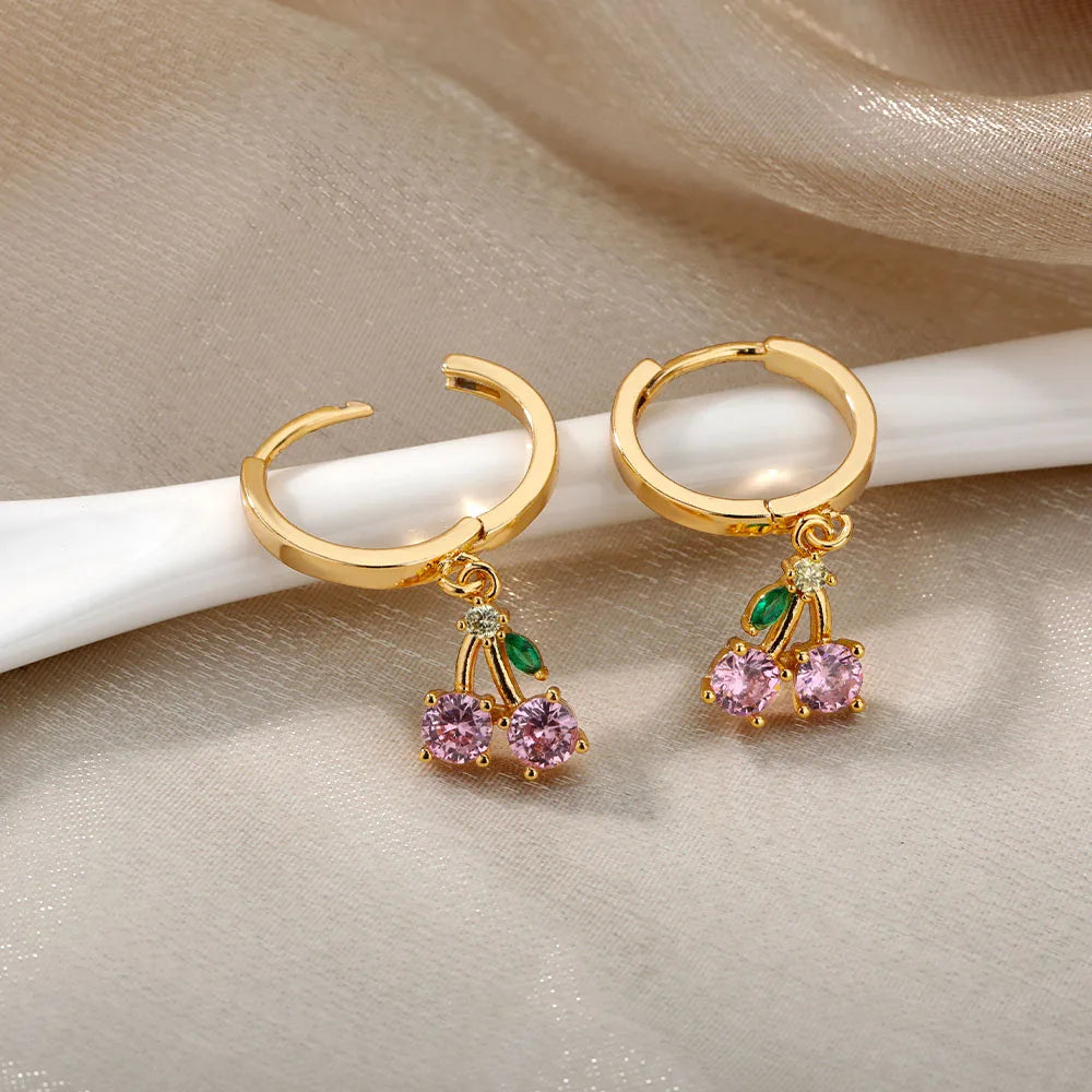 Kristallfrucht Kirsch-Ohrringe für Frauen Edelstahl Rosa Kirsch-Ohrring Femme Fee Mode Boho Schmuck Geschenk 2023