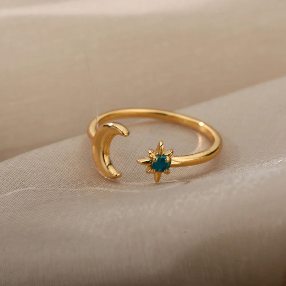 Zirkon-Mondringe für Frauen, Edelstahl, leuchtender Mond-Stern, verstellbarer Fingerring, ästhetischer Hochzeitsschmuck, Geschenk, Bague Femme