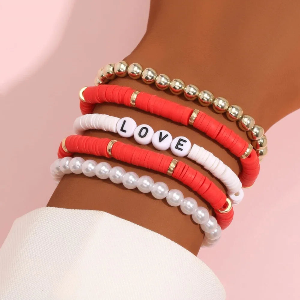 Juego de Pulseras Apilables Arcoíris de Moda para Mujer con Dijes de Corazón, Arcilla Blanda, Cuentas en Capas, Cadena, Brazalete, Joyería Bohemio Femenina