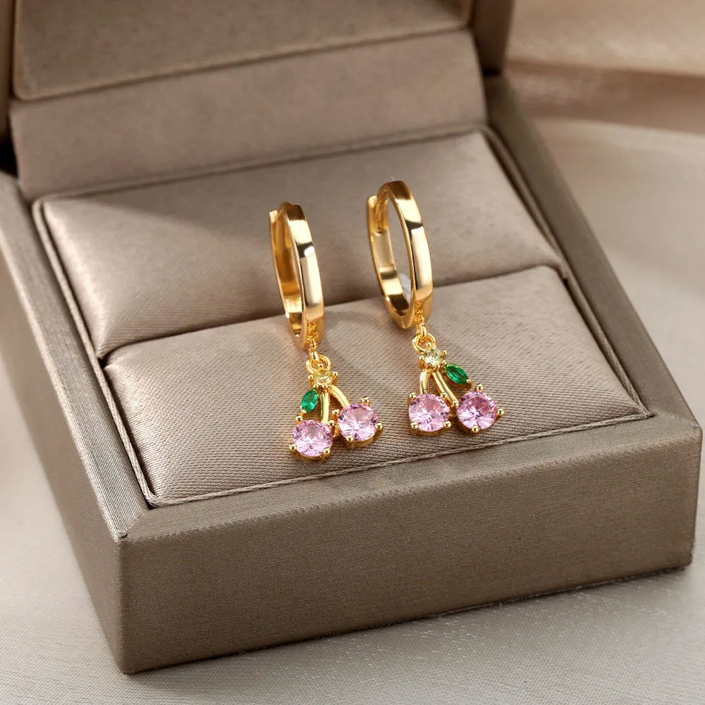 Kristallfrucht Kirsch-Ohrringe für Frauen Edelstahl Rosa Kirsch-Ohrring Femme Fee Mode Boho Schmuck Geschenk 2023