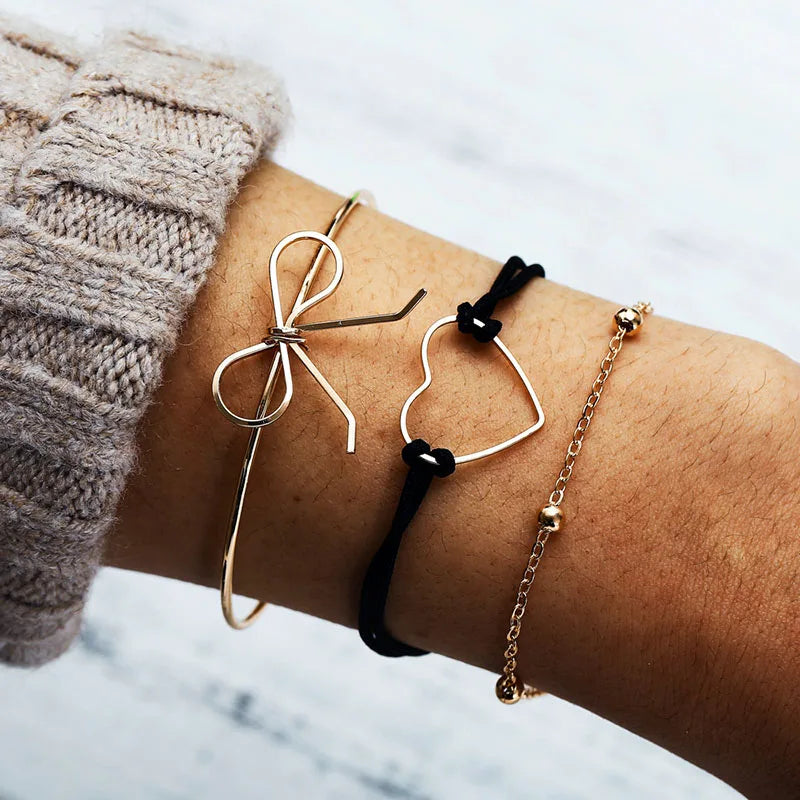 Neues böhmisches schwarzes Seilkettenarmband-Set für Frauen, Flugzeug, Muschel, Mond, Herz, Kristall-Charm-Armreif, Boho-Schmuck
