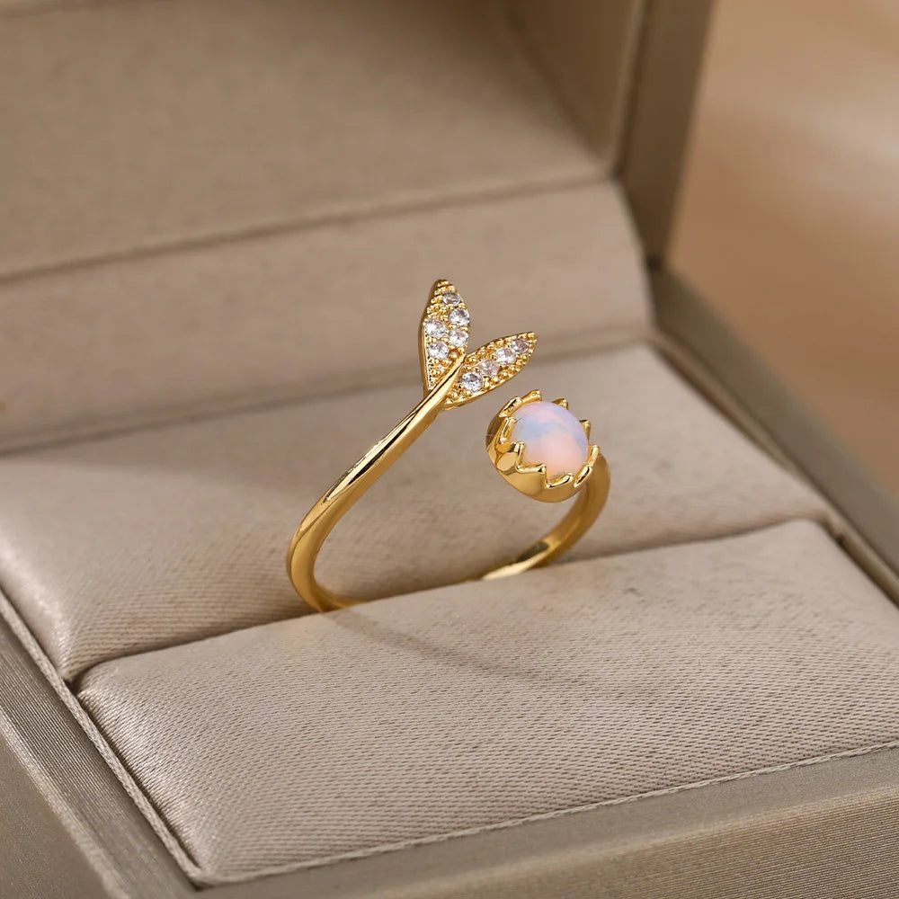 Fashion Opalringe für Frauen Edelstahl Opal Kristall Stein Blätter Fingerring Verlobung Böhmischer Schmuck Geschenk