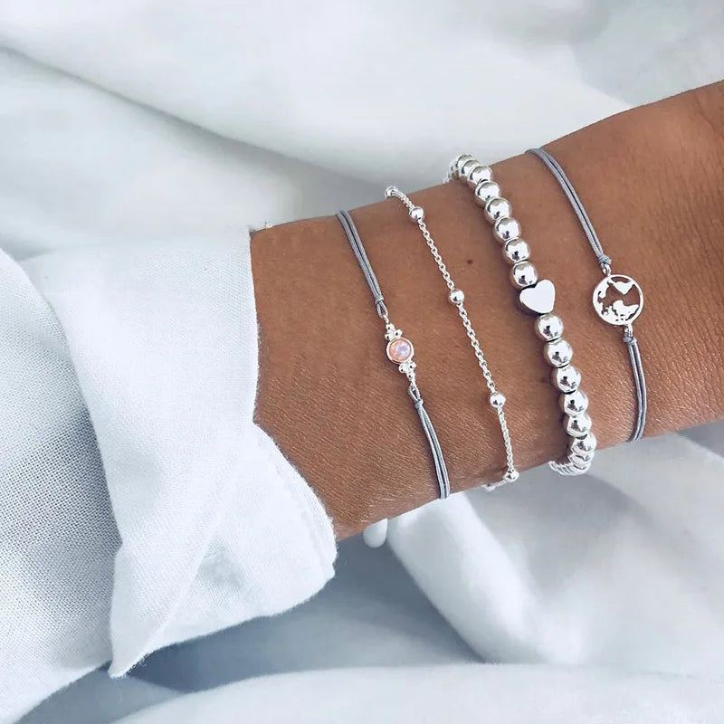 4tlg./Set Böhmische Steinperlen Kettenarmbänder Set für Damen Metall Herz Runde Quaste Anhänger Armreif Mode Schmuck
