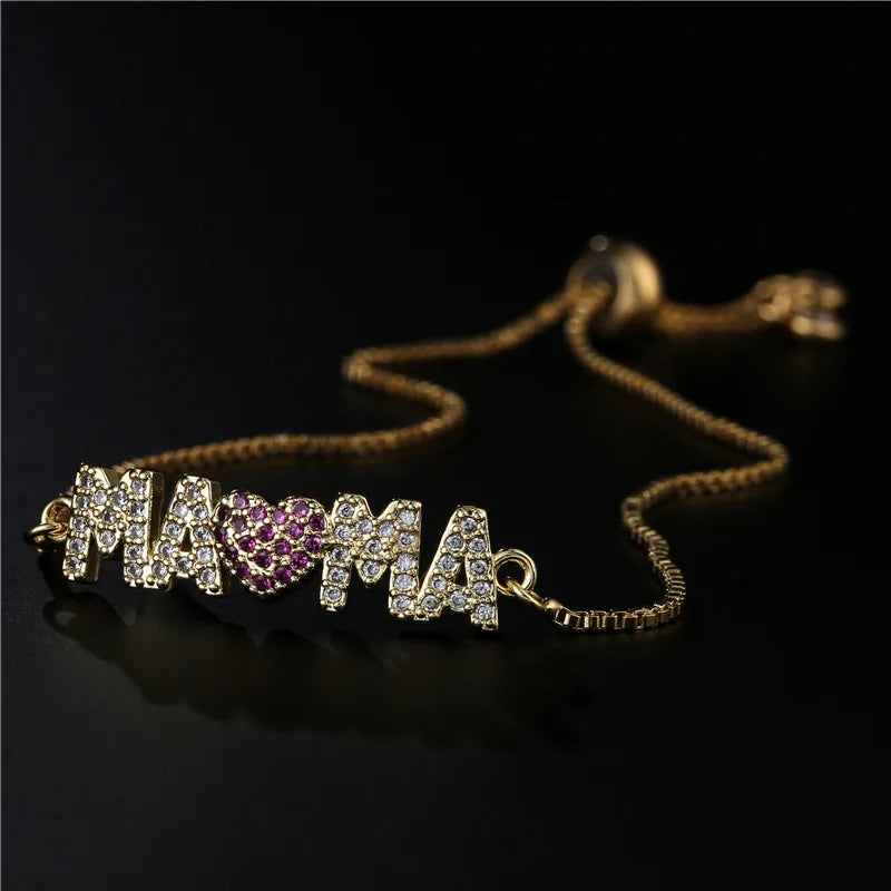 Modische goldfarbene „Mama“-Charm-Armbänder für Damen, Mädchen, verstellbare Kettenlänge, luxuriöser CZ-Schmuck als Geschenk für Mama