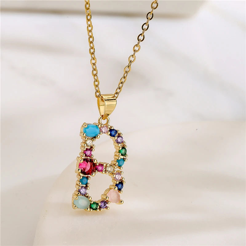 2024 New Hot Colourful Crystal AAA CZ 26 Capital Letters Pendant Necklace For Women Girl Gold Color Copper Initial Name Jewelry