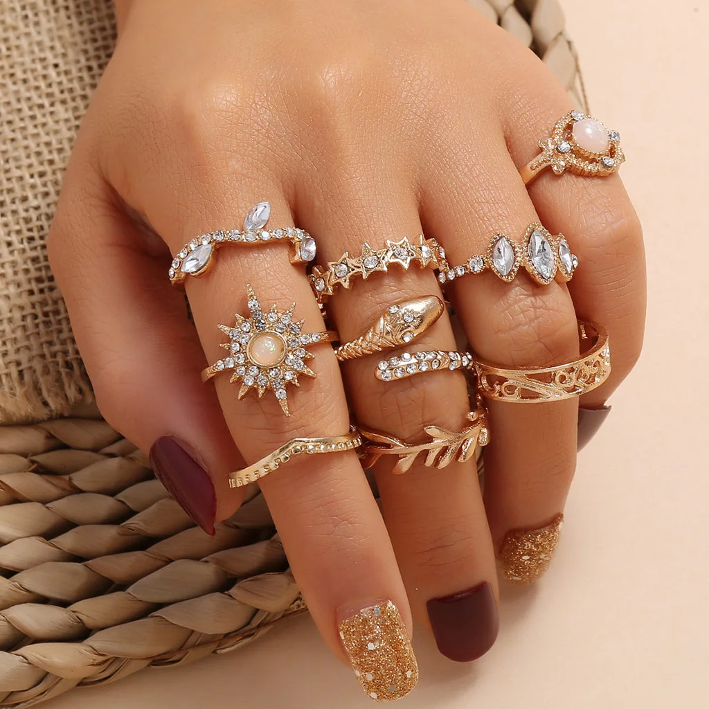 Trendiger geometrischer Mond-Knöchel-Fingerringe-Set für Frauen 2021 Böhmischer Kristallstein Damenring Hochzeitsschmuck
