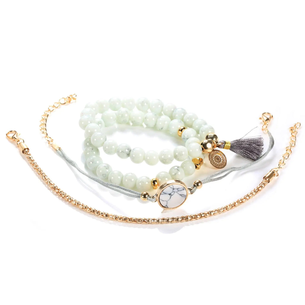 4tlg./Set Böhmische Steinperlen Kettenarmbänder Set für Damen Metall Herz Runde Quaste Anhänger Armreif Mode Schmuck
