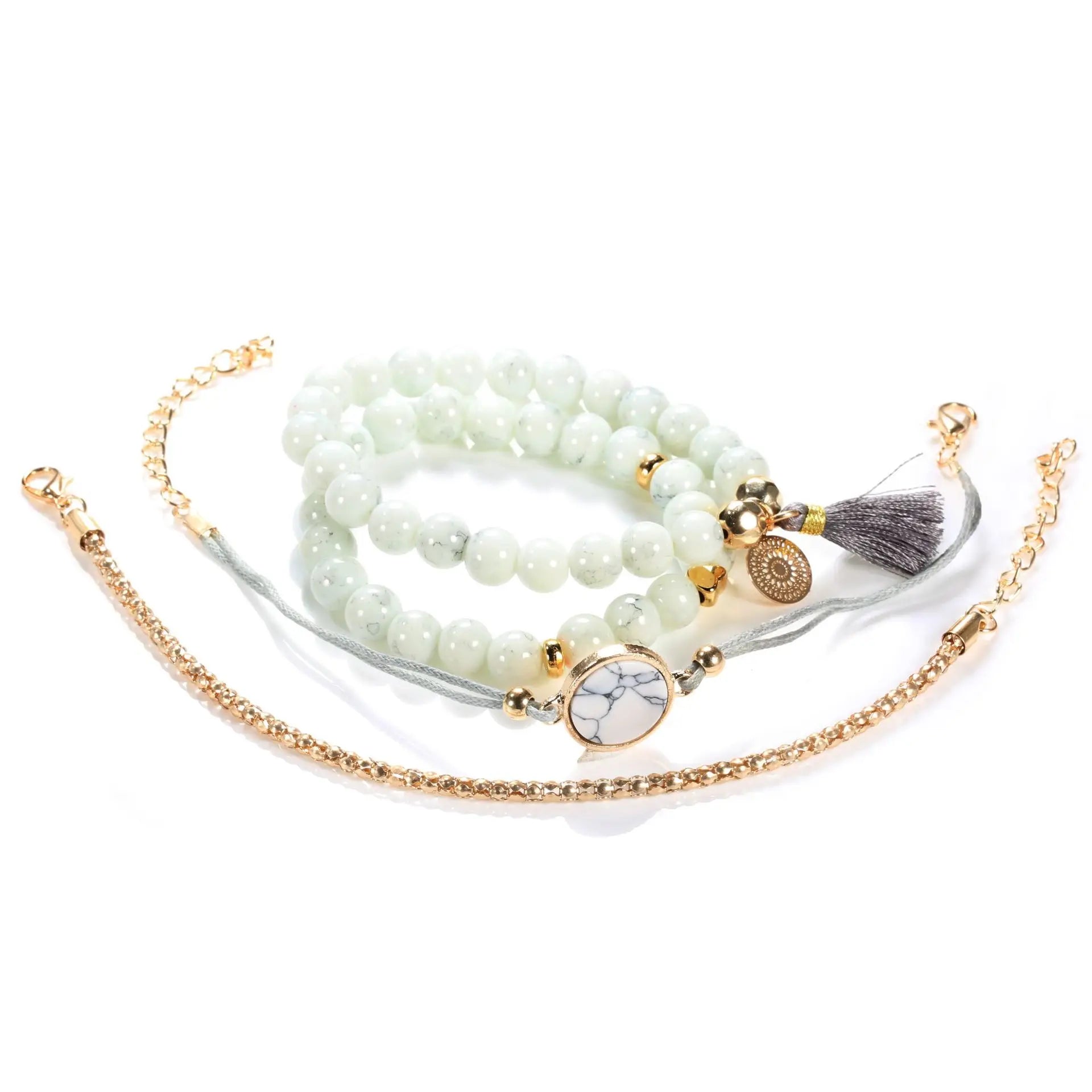 4tlg./Set Böhmische Steinperlen Kettenarmbänder Set für Damen Metall Herz Runde Quaste Anhänger Armreif Mode Schmuck