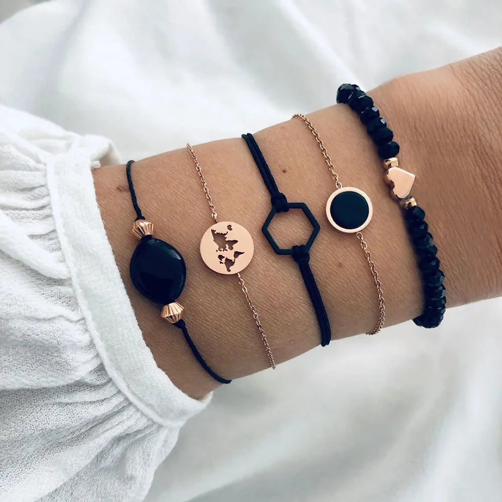 Fashion Geometrischer Stein Anhänger Armband Set Für Frauen Retro Silber Farbe Mond Handgelenk Kette Offener Armreif Dame Trendy Boho Schmuck