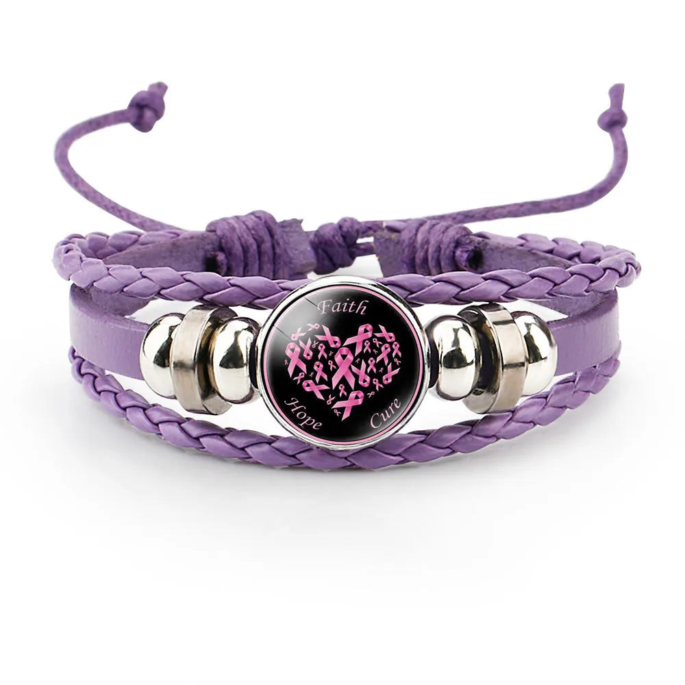 Brustkrebs-Bewusstseins-Hoffnungsarmband für Frauen Rosa Schleife Anhänger Geflochtenes Lederseil Wickelarmband Mode handgemachter Schmuck
