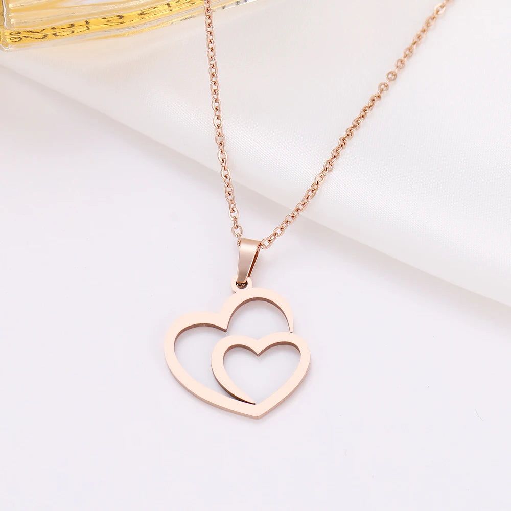 DOTIFI Stainless Steel Necklace For Women Man Hollow Double Heart Choker Pendant Charms Necklace Engagement Jewelry