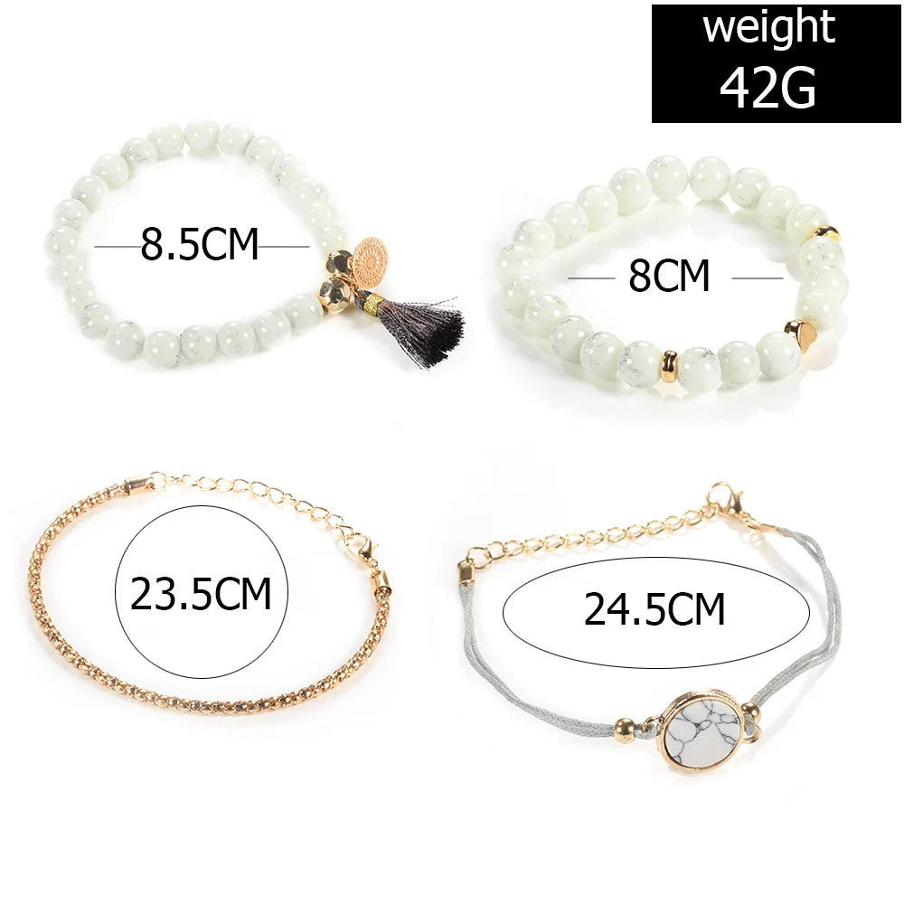 4tlg./Set Böhmische Steinperlen Kettenarmbänder Set für Damen Metall Herz Runde Quaste Anhänger Armreif Mode Schmuck