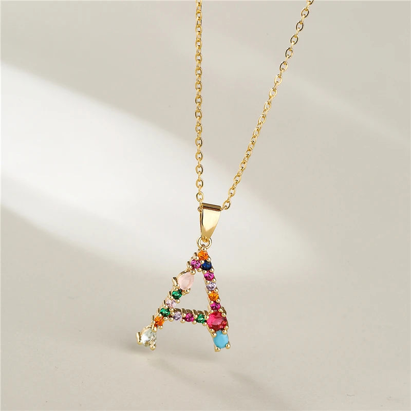 2024 New Hot Colourful Crystal AAA CZ 26 Capital Letters Pendant Necklace For Women Girl Gold Color Copper Initial Name Jewelry