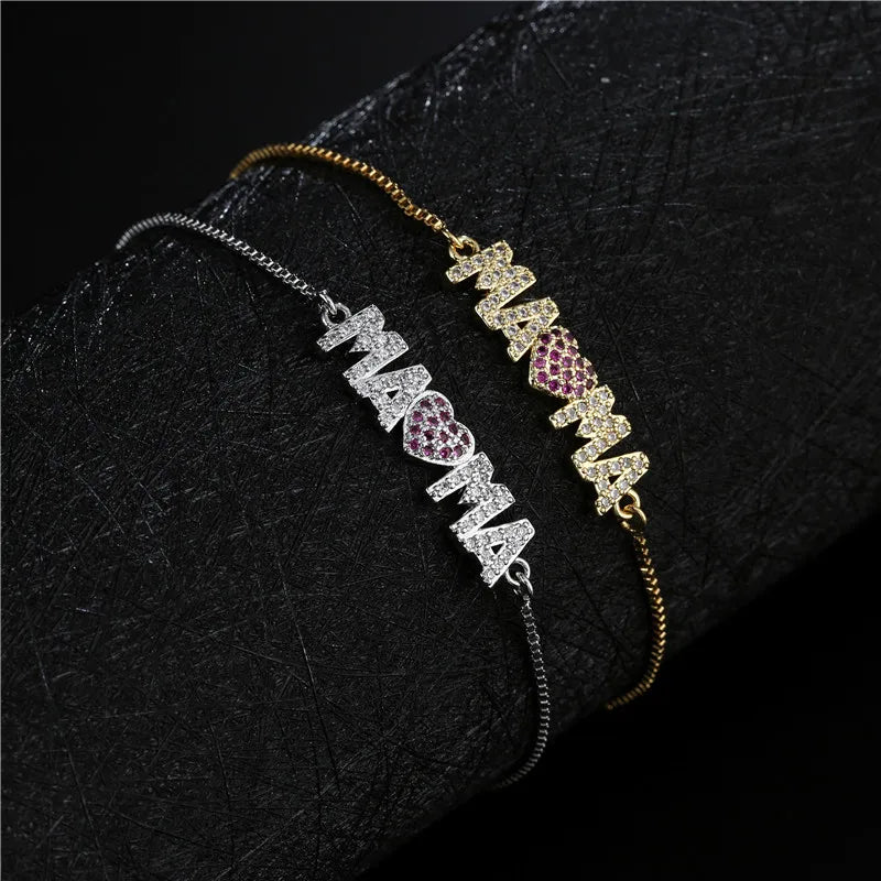 Modische goldfarbene „Mama“-Charm-Armbänder für Damen, Mädchen, verstellbare Kettenlänge, luxuriöser CZ-Schmuck als Geschenk für Mama