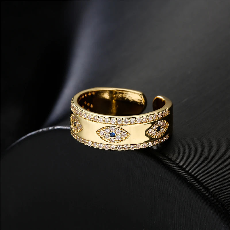 NEWBUY 2024 Mode Goldfarbe Kupfer Hochzeitsschmuck AAA CZ Böses Auge Design Offener Ring Für Frauen Mädchen Verlobungsgeschenk