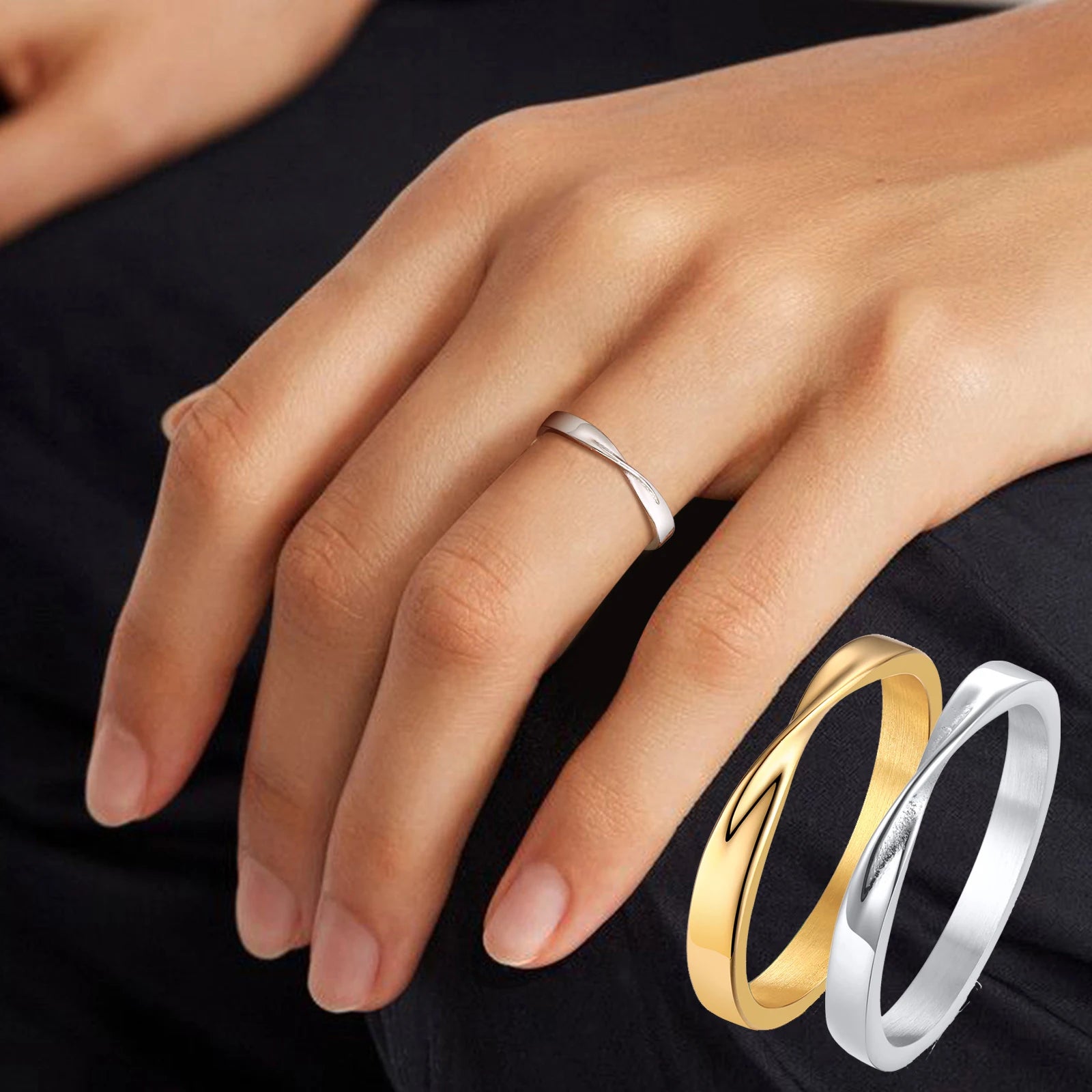 Möbius-Ehering für Damen, filigraner, endloser Twist-Knoten aus Edelstahl, Infinity-Verlobungsring