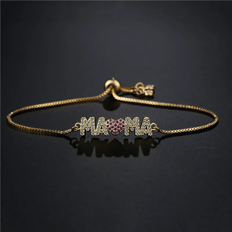 Modische goldfarbene „Mama“-Charm-Armbänder für Damen, Mädchen, verstellbare Kettenlänge, luxuriöser CZ-Schmuck als Geschenk für Mama