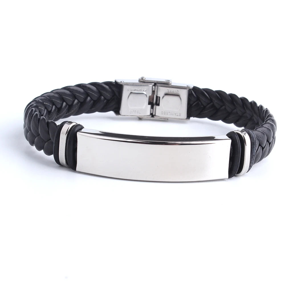 Custom logo Name Engrave Leather Bracelet Black Color customize Stainless Steel Bracelets For Women Men ID Bracelet