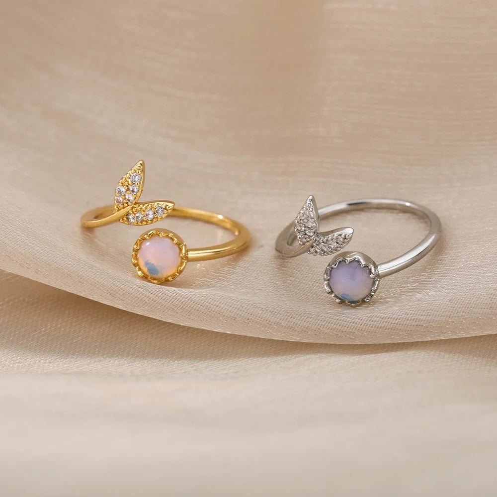 Anillos de ópalo con hojas de moda para mujer de acero inoxidable con ópalo, piedra de cristal y hojas, anillo de dedo, regalo de joyería bohemia para compromiso
