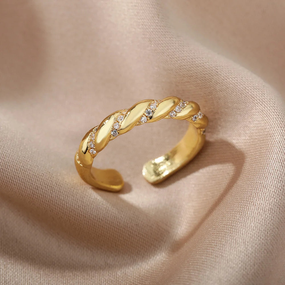 Zircon Twisted Rings For Women Punk Stainless Steel Gold Color Open Ring Geometric Finger Ring Hip Hop Charm Jewelry Gift