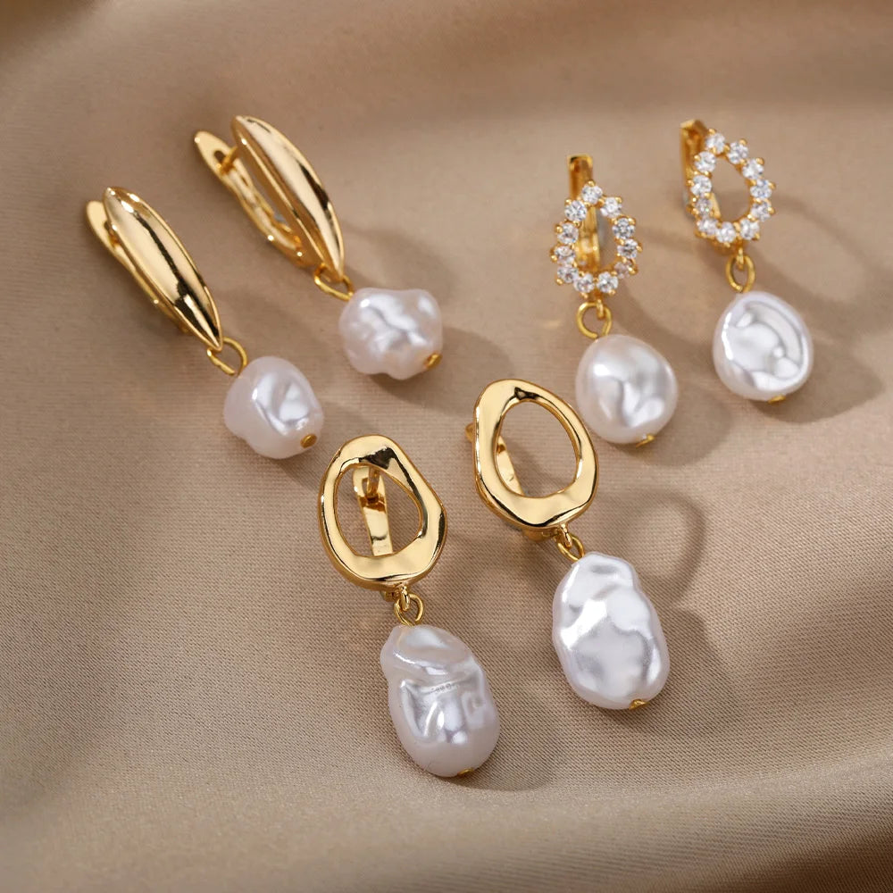 Pendientes de Perlas Irregulares para Mujer de Acero Inoxidable con Perla Redonda y Clip Circular para la Oreja, Regalo de Joyería para Mujer, Accesorios.
