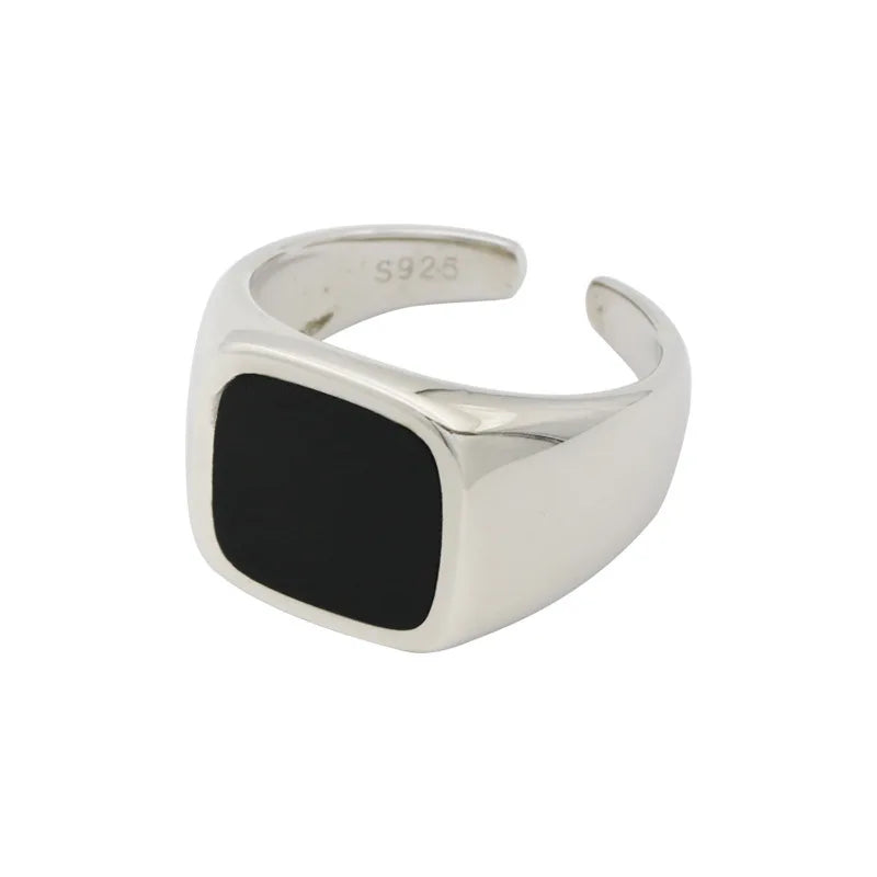 925er Sterlingsilber plattierter Ring für Damen und Mädchen, Geschenk, schwarzer Stein, Kristallglasur, Retro-Punk, offener Schmuck, Dropship, Großhandel