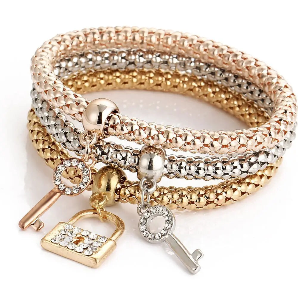 3 Farben/Lot Elastische Armbänder & Armreifen für Damen Kristall Lebensbaum Eule Schlüsselschloss Musiknote Eule Schmetterling Herz Charms Schmuck