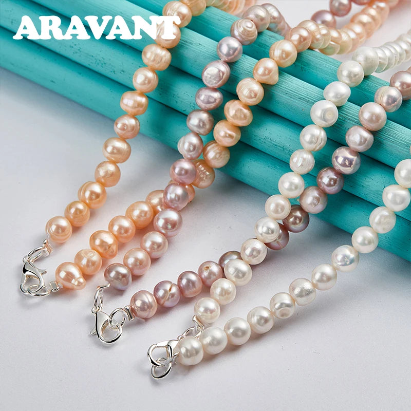 Aravant Collares de perlas de agua dulce de plata 925 con cadena para mujer, joyería de moda para bodas
