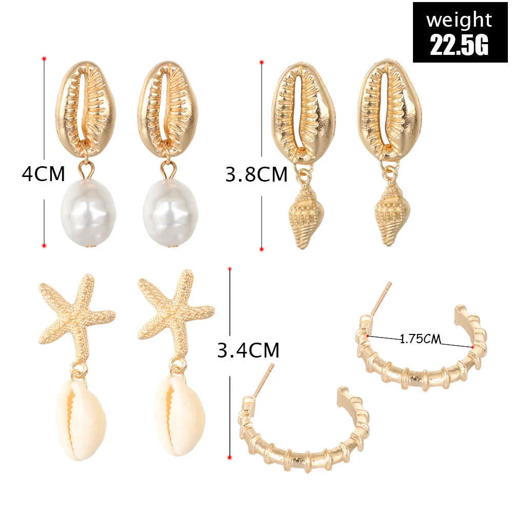 Böhmische Muschel-Seestern-Ohrhänger-Set für Damen, Sommer, Strand, Perlen-Muschel-Ohrringe, Geometrische Ohrringe, Mädchen, Modeschmuck