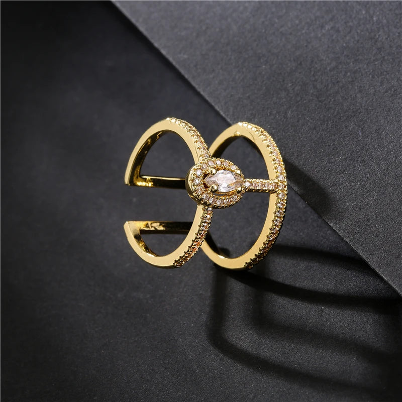 NEWBUY Fashion Goldfarbener Geometrischer Kupferring Damen Hochzeitsschmuck Heißer Verkauf AAA+ Zirkonia Fingerring Femme Bijoux