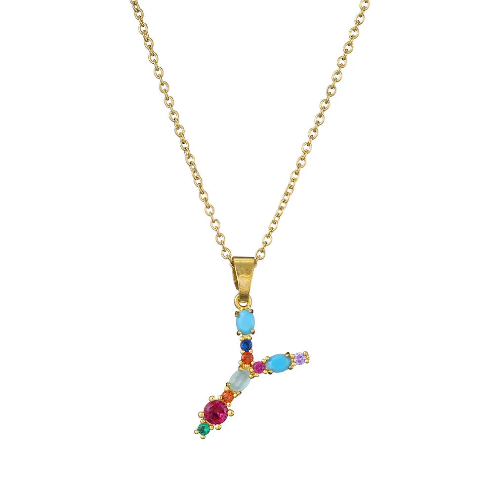2024 New Hot Colourful Crystal AAA CZ 26 Capital Letters Pendant Necklace For Women Girl Gold Color Copper Initial Name Jewelry