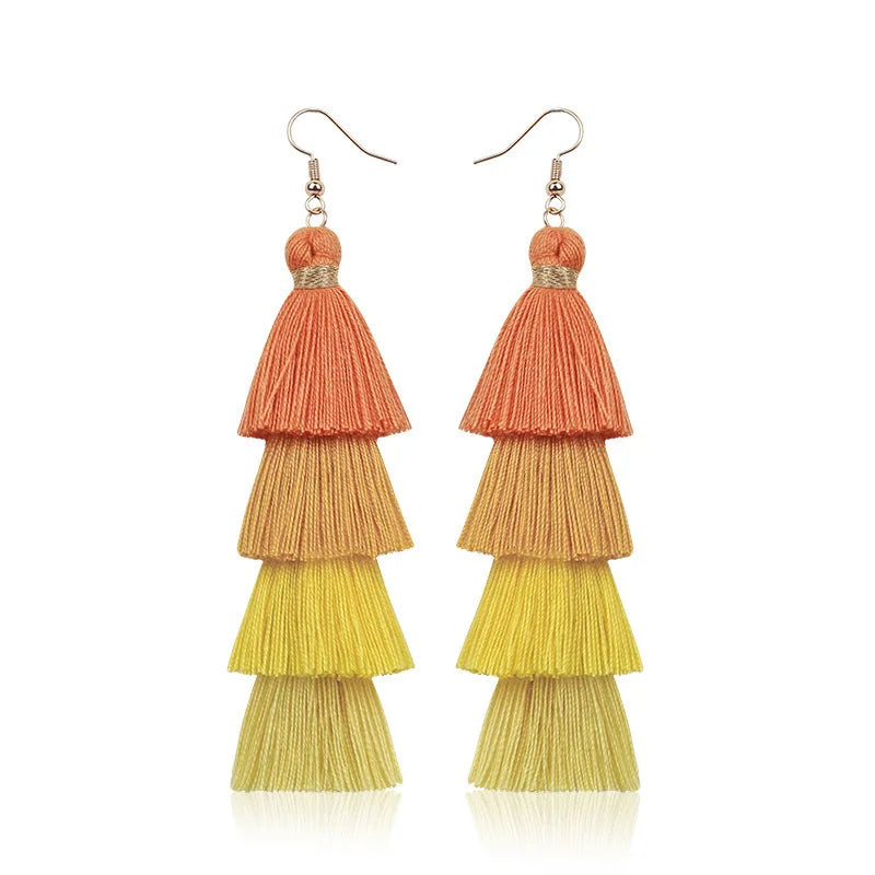 Pendientes de borlas de 4 capas estilo bohemio para mujer, aretes colgantes étnicos largos multicolor, joyería de moda para niñas