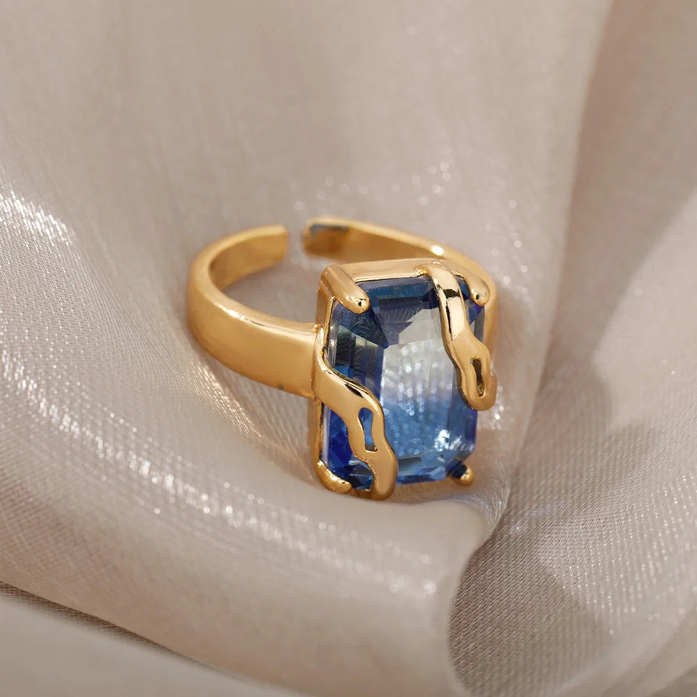 Minimalistische Zirkon Blaue Kristallstein-Ringe für Frauen Edelstahl Zirkonia Quadrat Geometrie Ring Party Schmuck Geschenk