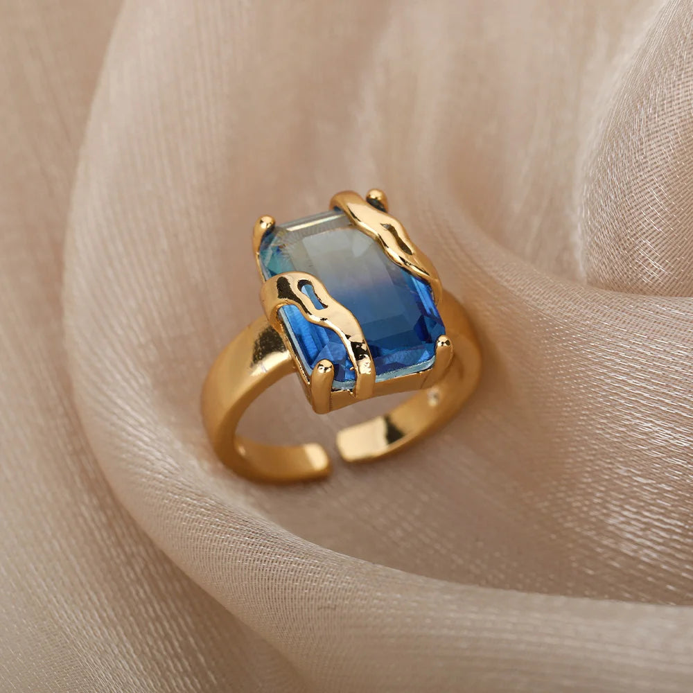 Cubic Zirconia Blaue quadratische Steinringe für Damen Edelstahl Quadratischer Stein Fingerring Party Ästhetischer Valentinstag Schmuck Geschenk