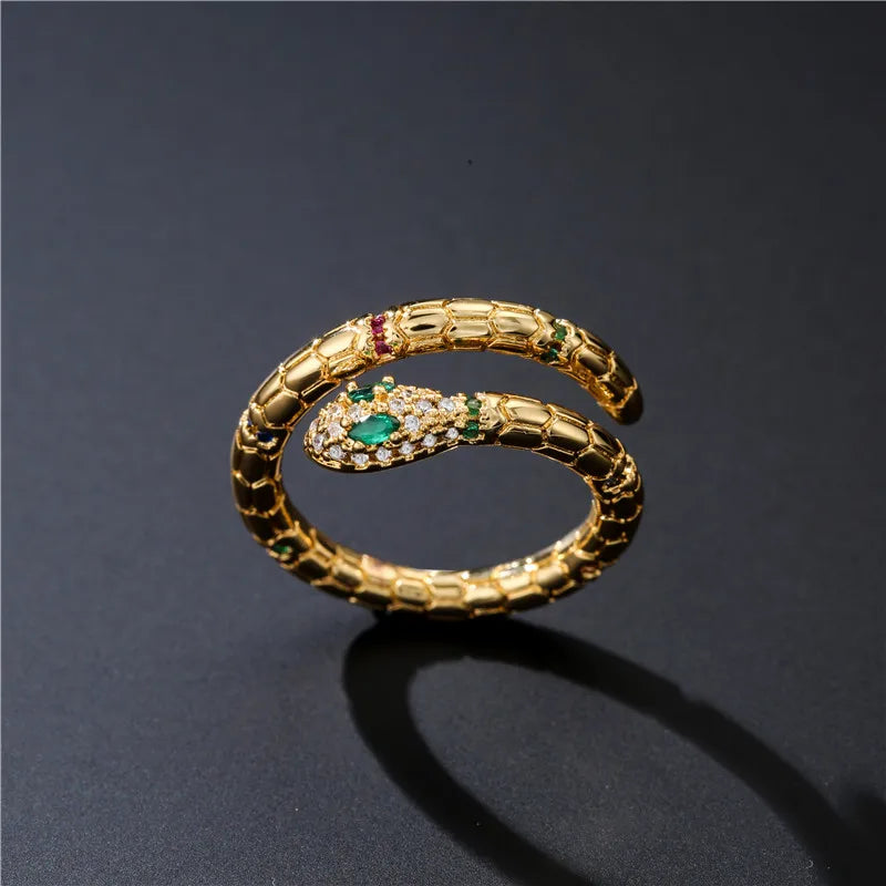 Modischer goldfarbener Schlangenring für Damen und Mädchen, verstellbar, exquisiter glänzender Zirkonia-Fingerring, Hochzeitsschmuckgeschenk