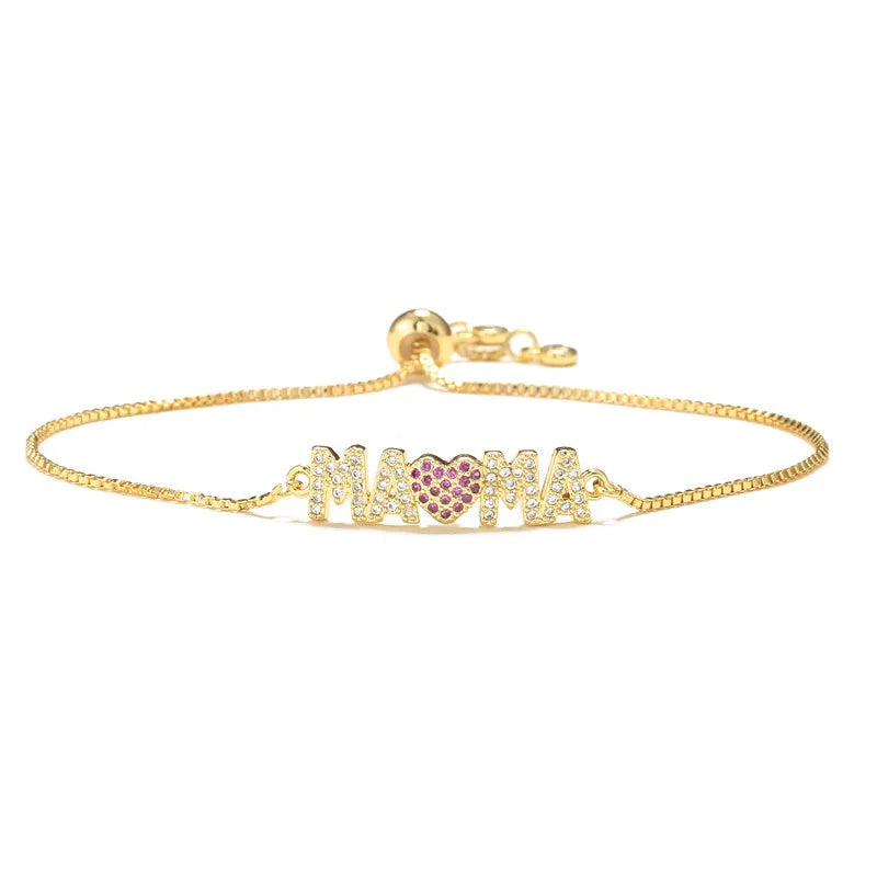 Modische goldfarbene „Mama“-Charm-Armbänder für Damen, Mädchen, verstellbare Kettenlänge, luxuriöser CZ-Schmuck als Geschenk für Mama