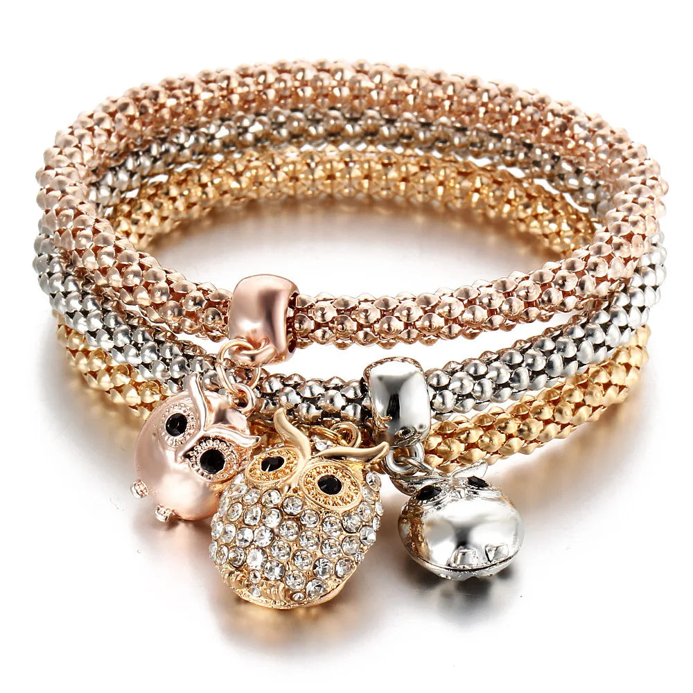 3 Farben/Lot Elastische Armbänder & Armreifen für Damen Kristall Lebensbaum Eule Schlüsselschloss Musiknote Eule Schmetterling Herz Charms Schmuck