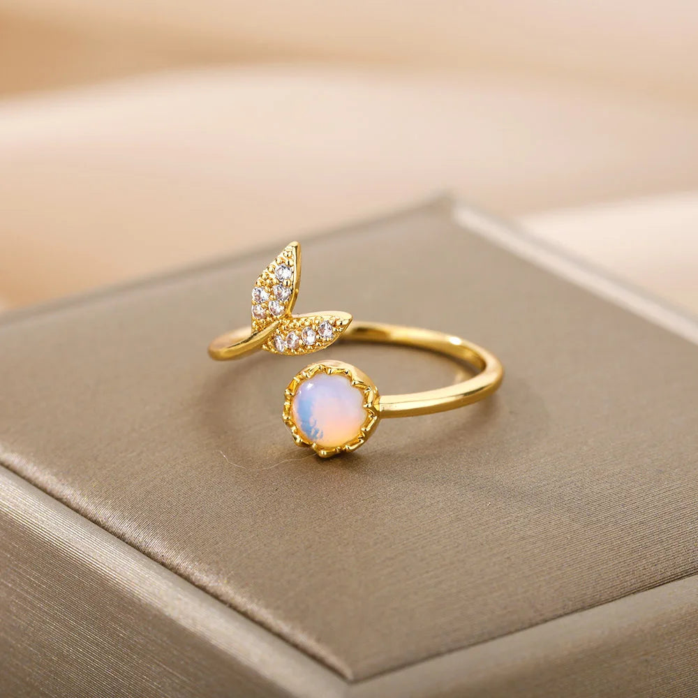 Fashion Opalringe für Frauen Edelstahl Opal Kristall Stein Blätter Fingerring Verlobung Böhmischer Schmuck Geschenk