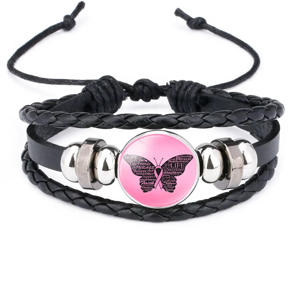 Brustkrebs-Bewusstseins-Hoffnungsarmband für Frauen Rosa Schleife Anhänger Geflochtenes Lederseil Wickelarmband Mode handgemachter Schmuck