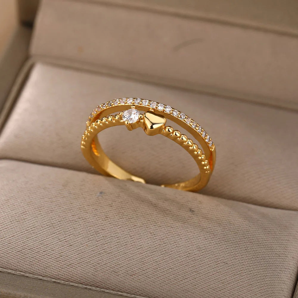 Zirkon Herzringe für Frauen Edelstahl Goldfarbe Doppelherzring Hochzeit Verlobung Schmuck Accessoires Geschenk Bijoux