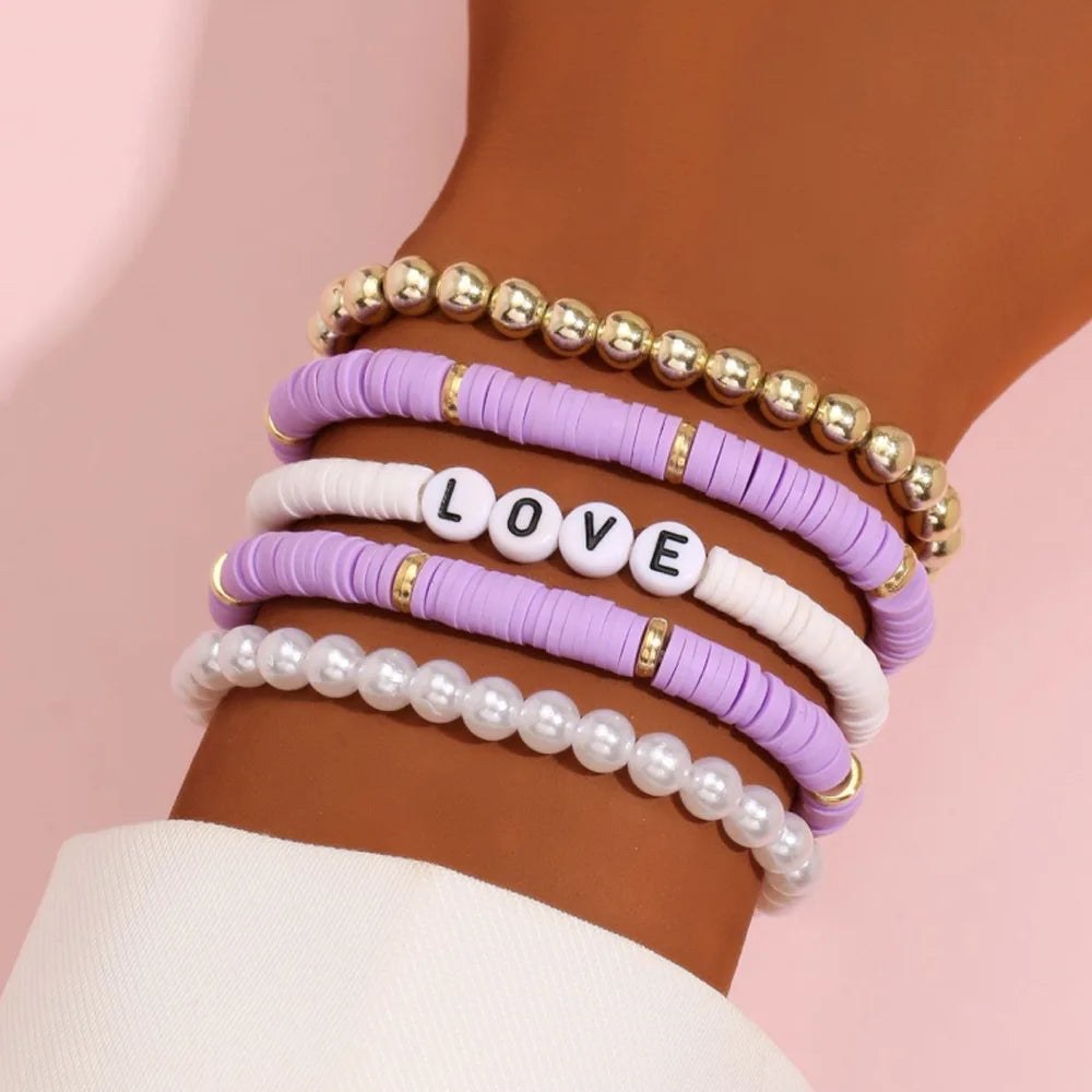 Juego de Pulseras Apilables Arcoíris de Moda para Mujer con Dijes de Corazón, Arcilla Blanda, Cuentas en Capas, Cadena, Brazalete, Joyería Bohemio Femenina