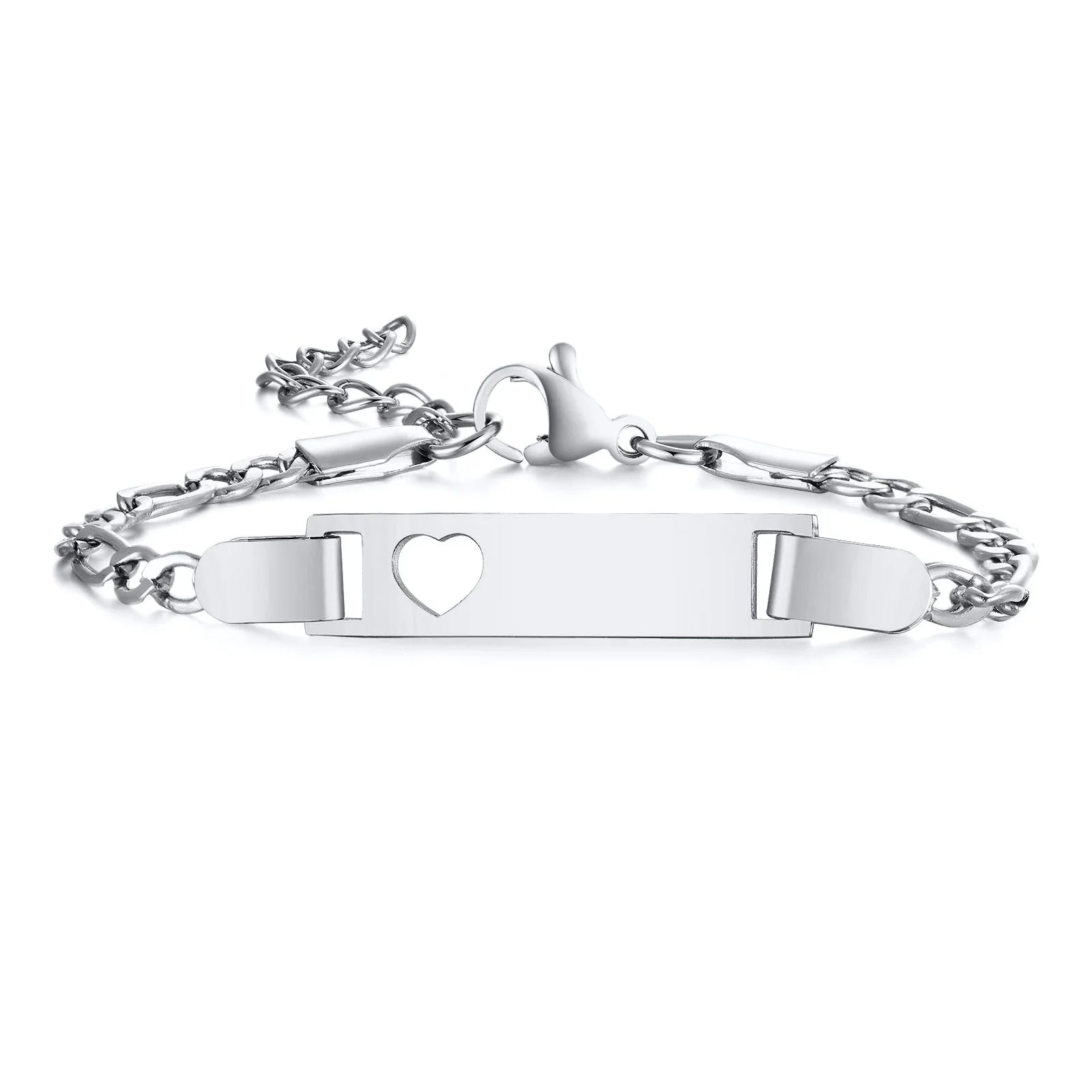 Personalisiertes Armband mit Wunschnamen und Herz, Edelstahl Figaro-Kettenglied verstellbar, graviertes Geschenk für Jungen und Mädchen