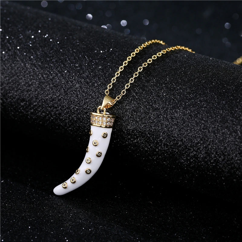 NEWBUY Luxury Full Cubic Zirconia Pave Setting Wolf's fang Pendant Necklace For Women Vintage Bohemian Style Party Jewelry Gift