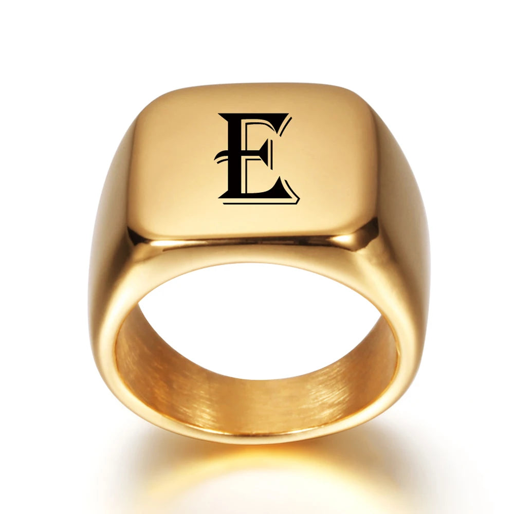 Personalised Initial Engrave A to Z Alphabet Stainless Steel Signet Blank Plain Ring Band High Polished Gold Color Tone U.S.Size